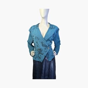 Vintage Emblem Teal Floral Double Breasted Blazer | Made in Canada | Size Large